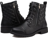 Maxome Boots for Women Walking Ankle Boots Waterproof Combat Black Lace up Booties Side Zipper Low Heel Booties