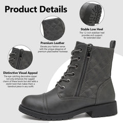 Maxome Boots for Women Walking Ankle Boots Waterproof Combat Black Lace up Booties Side Zipper Low Heel Booties
