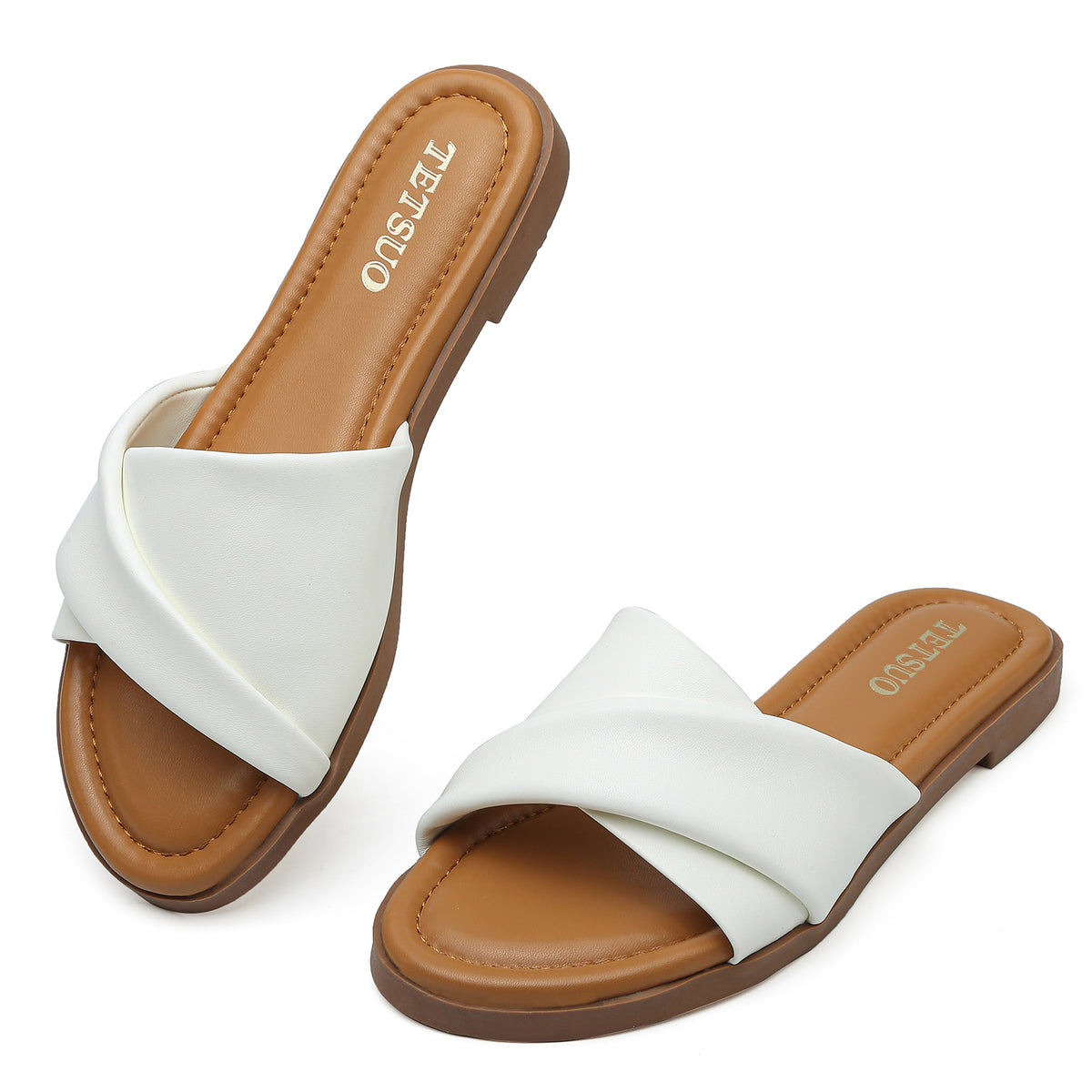 Womens Dressy Flat Sandals Open Toe Slip On Leather Slide Sandals Comfort Strappy Slippers for Summer