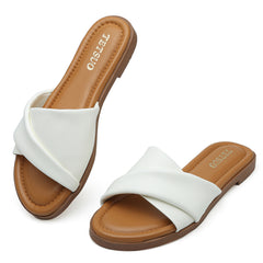 Womens Dressy Flat Sandals Open Toe Slip On Leather Slide Sandals Comfort Strappy Slippers for Summer
