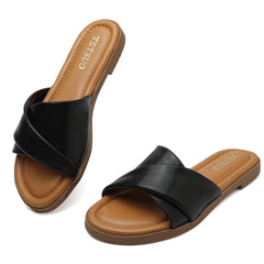 Womens Dressy Flat Sandals Open Toe Slip On Leather Slide Sandals Comfort Strappy Slippers for Summer