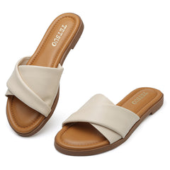 Womens Dressy Flat Sandals Open Toe Slip On Leather Slide Sandals Comfort Strappy Slippers for Summer