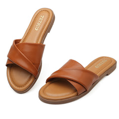 Womens Dressy Flat Sandals Open Toe Slip On Leather Slide Sandals Comfort Strappy Slippers for Summer