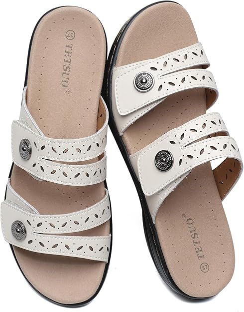 TETSUO Women's Flat Sandals Dressy Summer Open Toe Comfortable Walking Sandal Arch Support Slide Sandals Adjustable Strap Slip On Ladies Sandals