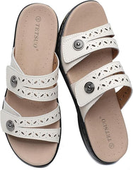 TETSUO Women's Flat Sandals Dressy Summer Open Toe Comfortable Walking Sandal Arch Support Slide Sandals Adjustable Strap Slip On Ladies Sandals