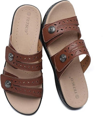 TETSUO Women's Flat Sandals Dressy Summer Open Toe Comfortable Walking Sandal Arch Support Slide Sandals Adjustable Strap Slip On Ladies Sandals