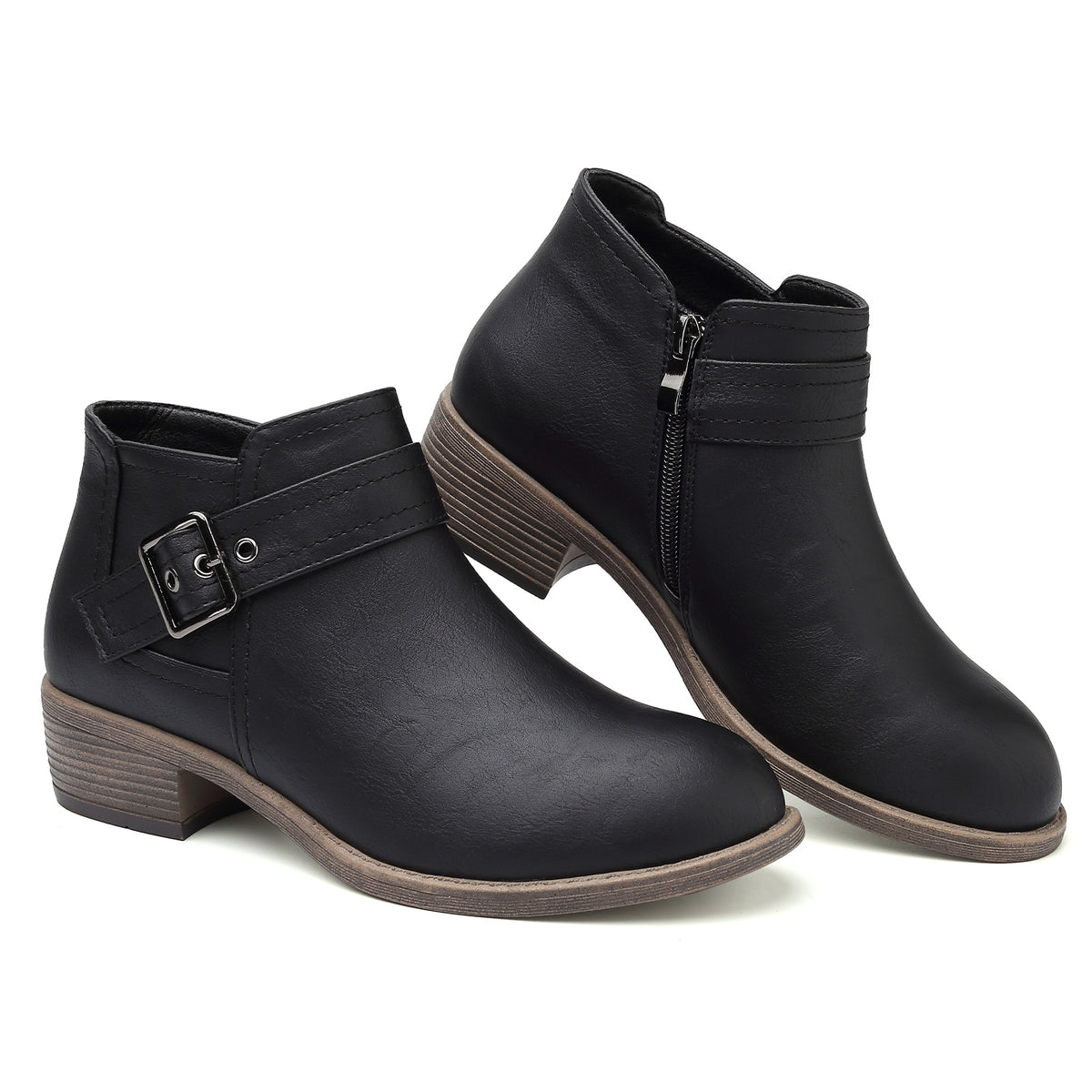 Womens Waterproof Ankle Boots Low Heel Booties Side Zipper Buckle Round Toe Fall Boots