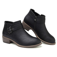 Womens Waterproof Ankle Boots Low Heel Booties Side Zipper Buckle Round Toe Fall Boots