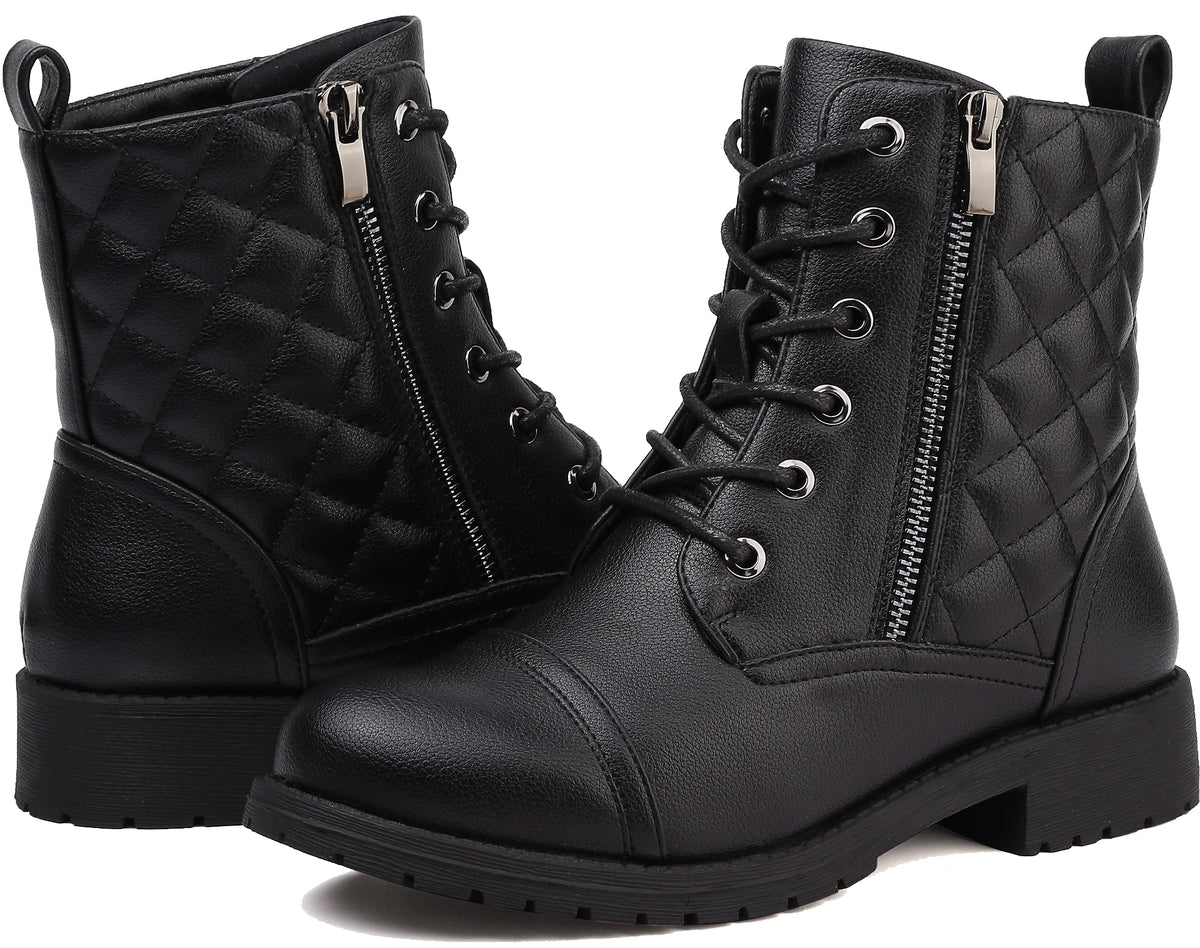 Maxome Boots for Women Walking Ankle Boots Waterproof Combat Black Lace up Booties Side Zipper Low Heel Booties