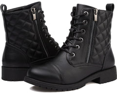 Maxome Boots for Women Walking Ankle Boots Waterproof Combat Black Lace up Booties Side Zipper Low Heel Booties