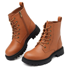 Kids Combat Boots Boys Girls Waterproof Boots Lace Up Side Zip Lug Sole Ankle Booties for Toddler/Little Kid/Big Kid